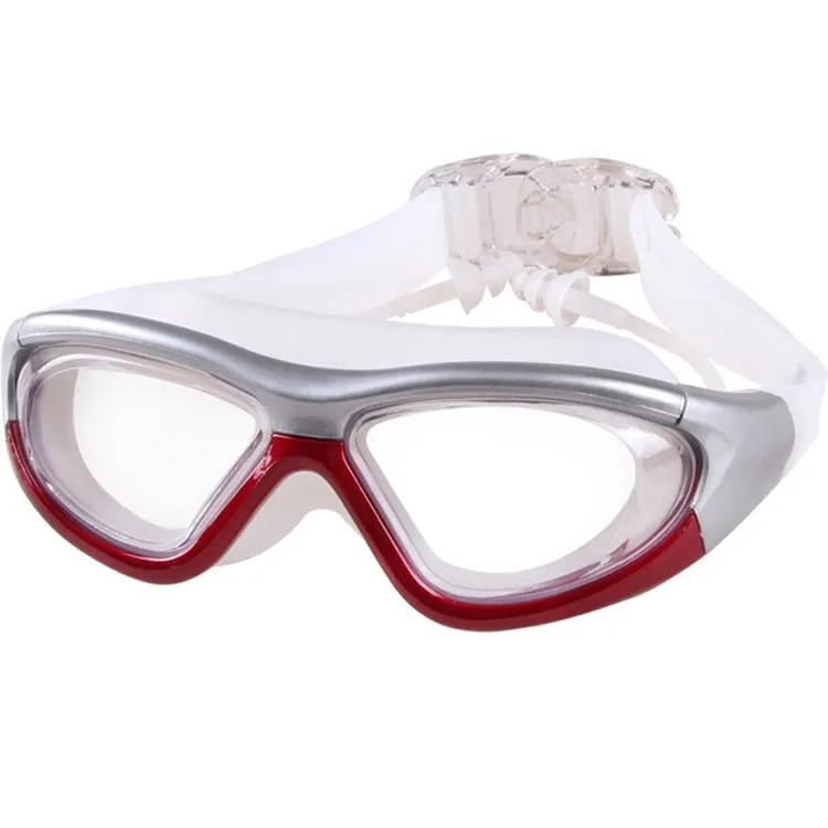 J8150 Eye Protection Flat Light Adult waterproof Anti-fog Big Frame Swimming Goggles with Earplugs(Transparent Red Silver)