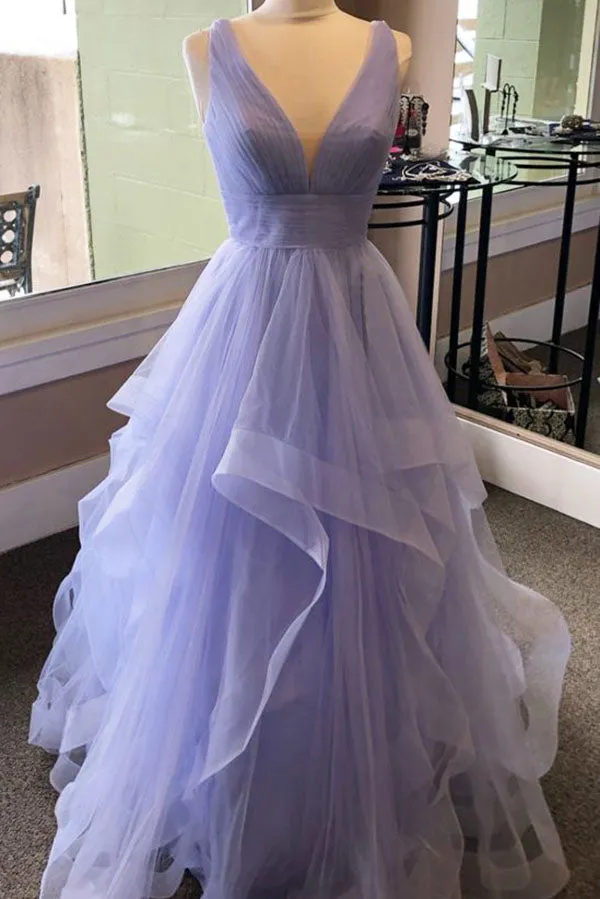 Lavender Simple V Neck Tulle Prom Dress, Long Evening Gown UQP0064