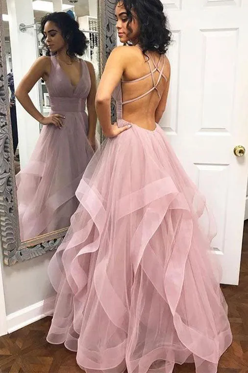 Lavender Simple V Neck Tulle Prom Dress, Long Evening Gown UQP0064