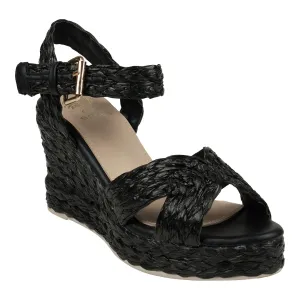 Maya Black Cross Strap Espadrille Slingback Wedge Sandals