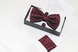 Mens Burgundy Diamond Matching Bow Tie, Pocket Square & Cuff Links Set