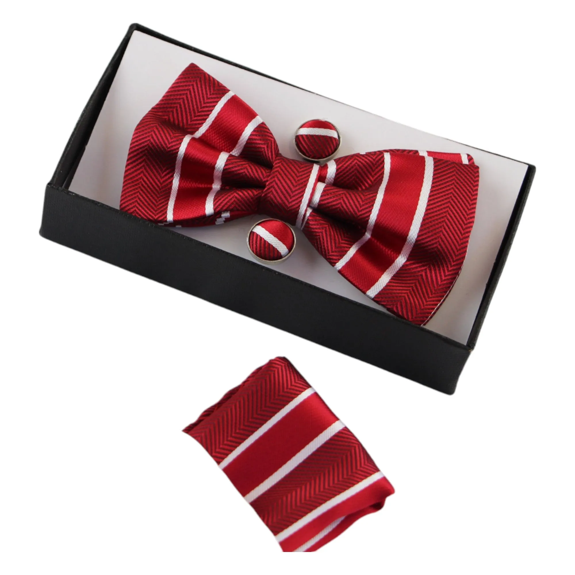 Mens Red Textured Stripe Bow Tie, Pocket Square & Cuff Links Set