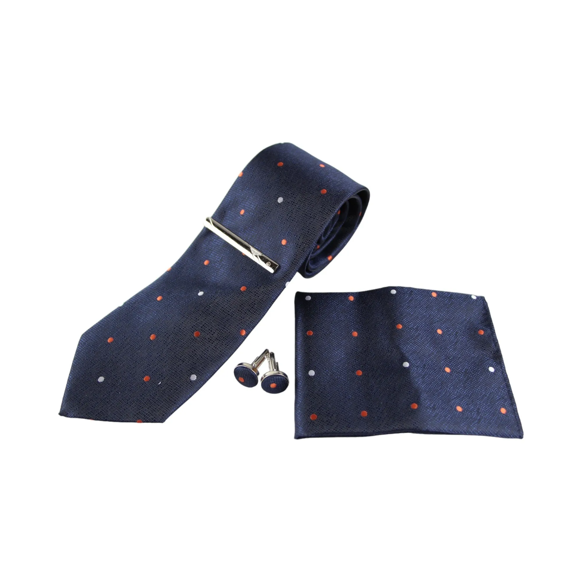 Mens Textured Navy Orange And White Polka Dot Matching Neck Tie, Pocket Square, Cuff Links And Tie Clip Set