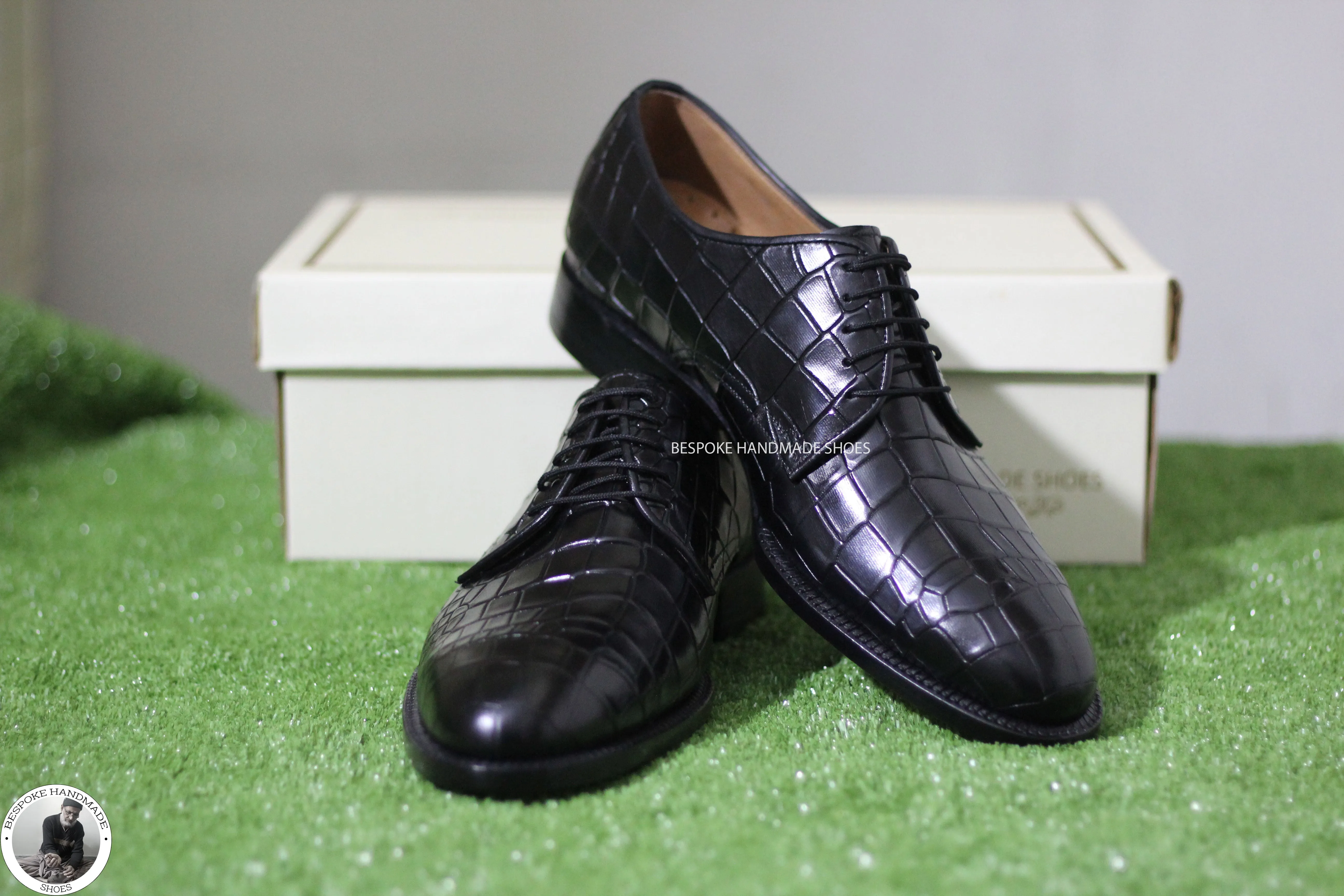 New Handmade Men’s Black Croc Print Leather Derby Lace up Dress Formal Shoes