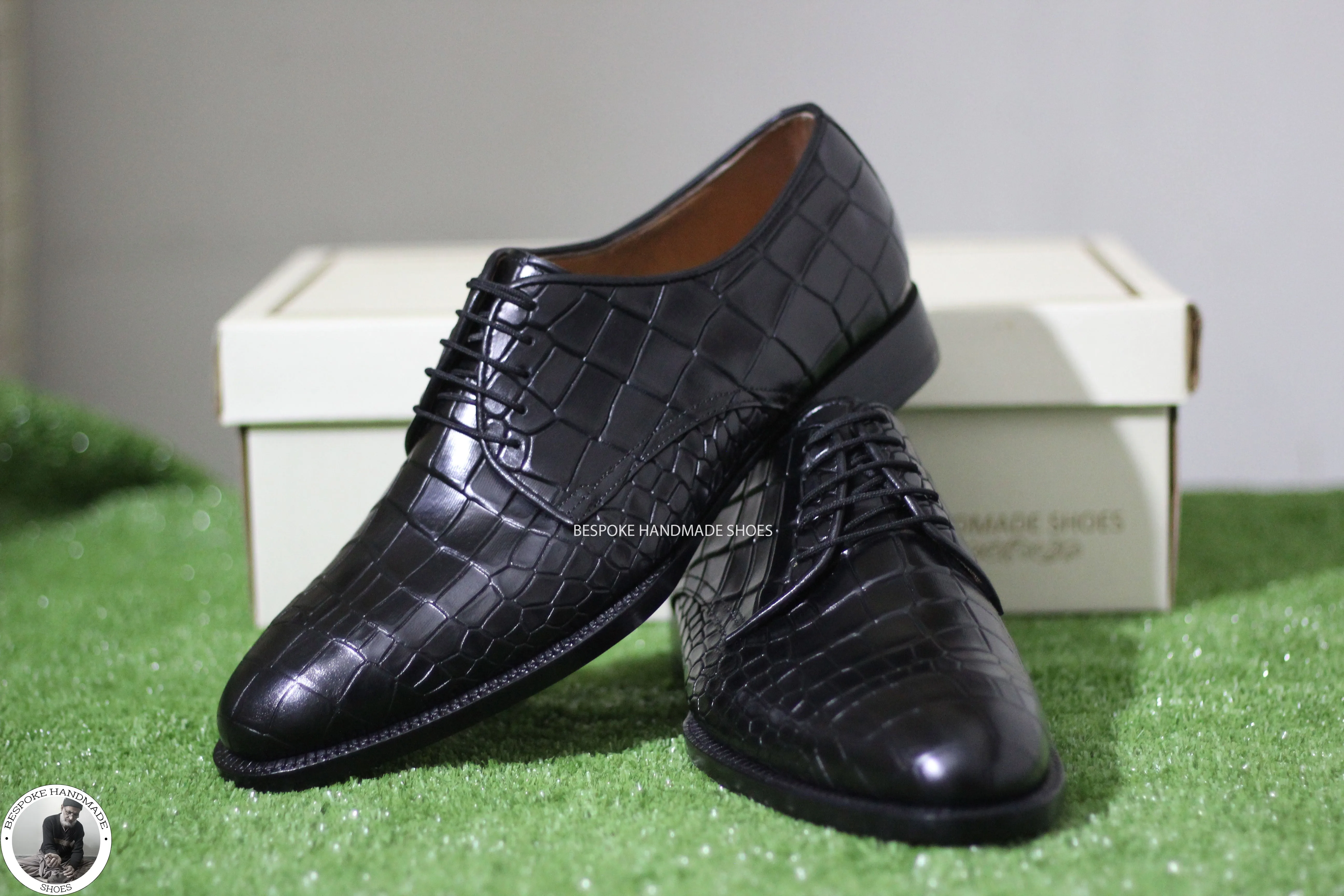 New Handmade Men’s Black Croc Print Leather Derby Lace up Dress Formal Shoes