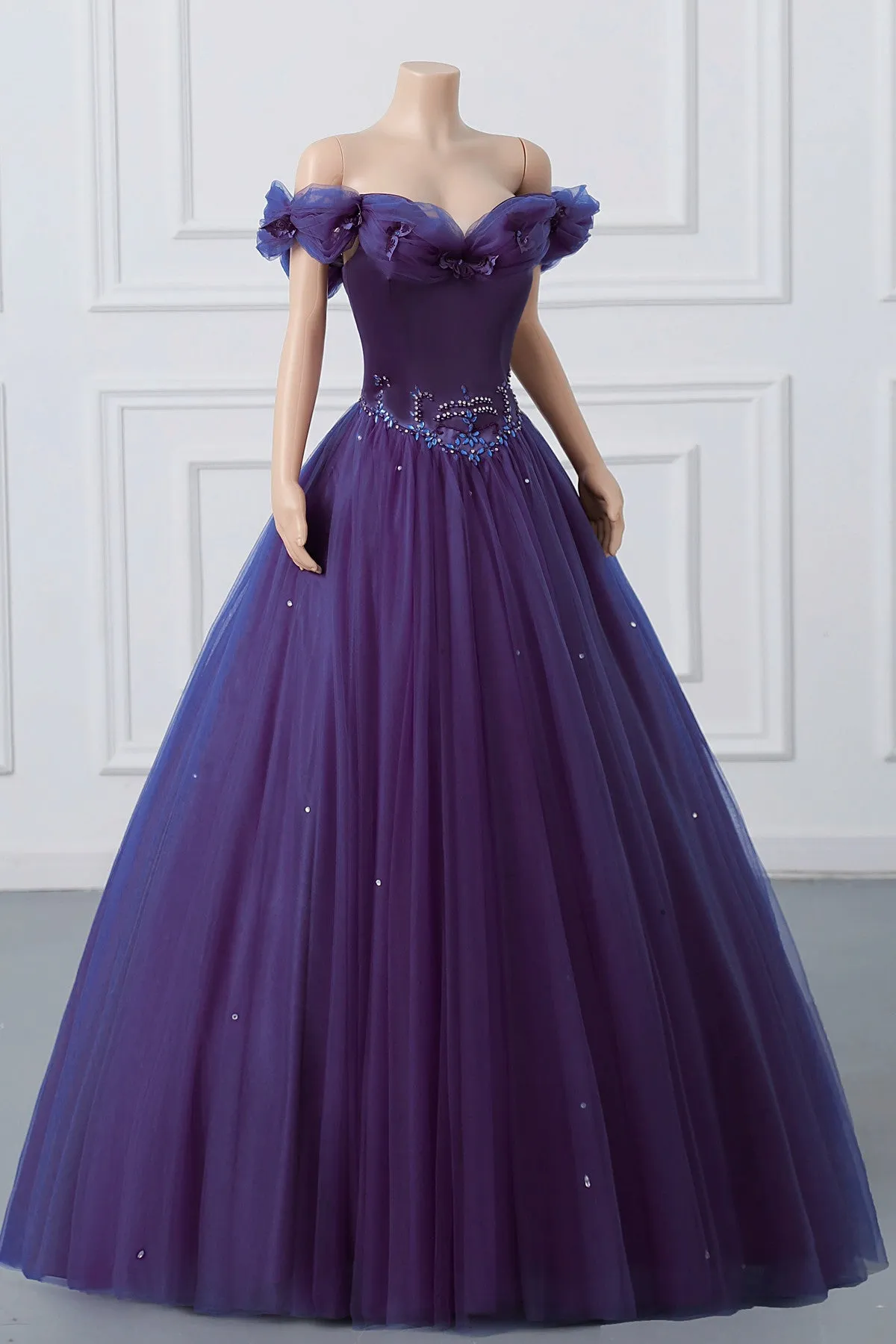 Purple Off Shoulder Beaded Tulle Long Formal Dress, Purple Party Dress