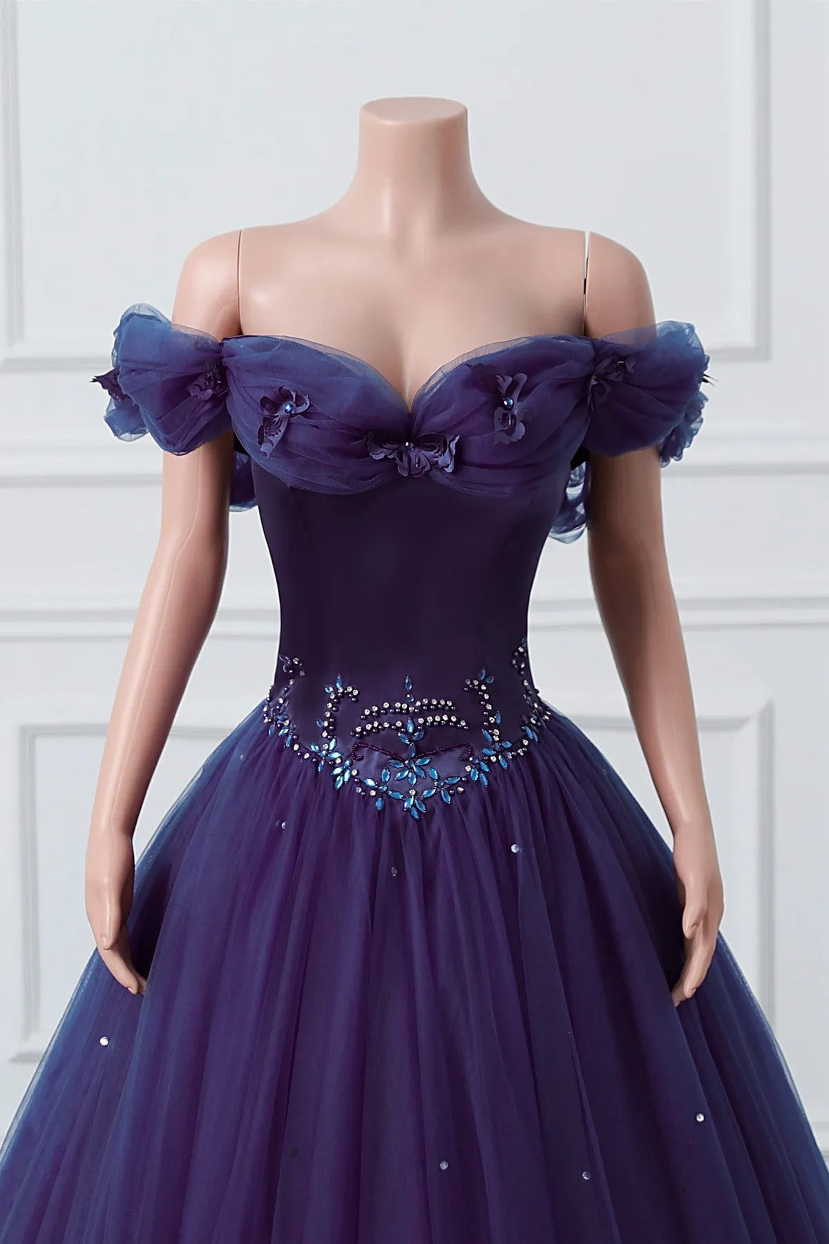 Purple Off Shoulder Beaded Tulle Long Formal Dress, Purple Party Dress