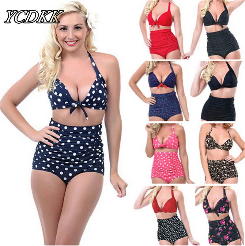 Push-up Swimsuit 2016 High Waist Bikini Plus Size Women Swimwear Dot Bathing Suit Padded Bikini Set Retro Bandage Sexy Beachwear