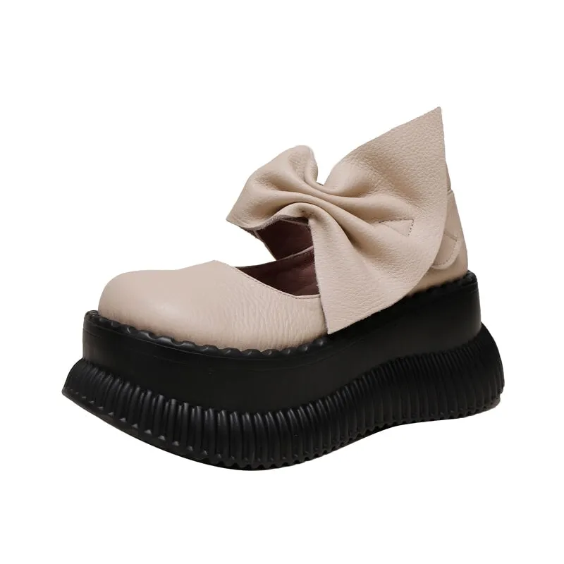 Retro Leather 85mm Platform Mary Jane Shoes For Women in Black/Beige