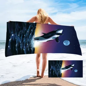 Seaside Portable Microfiber Beach Swim Printed Bath Towel 130x80cm(Shark   Moon)