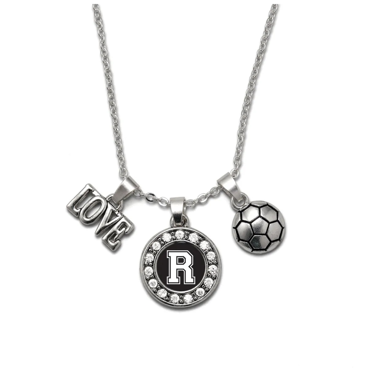 Silver Soccer - Sports Initial R Circle Charm Classic Necklace