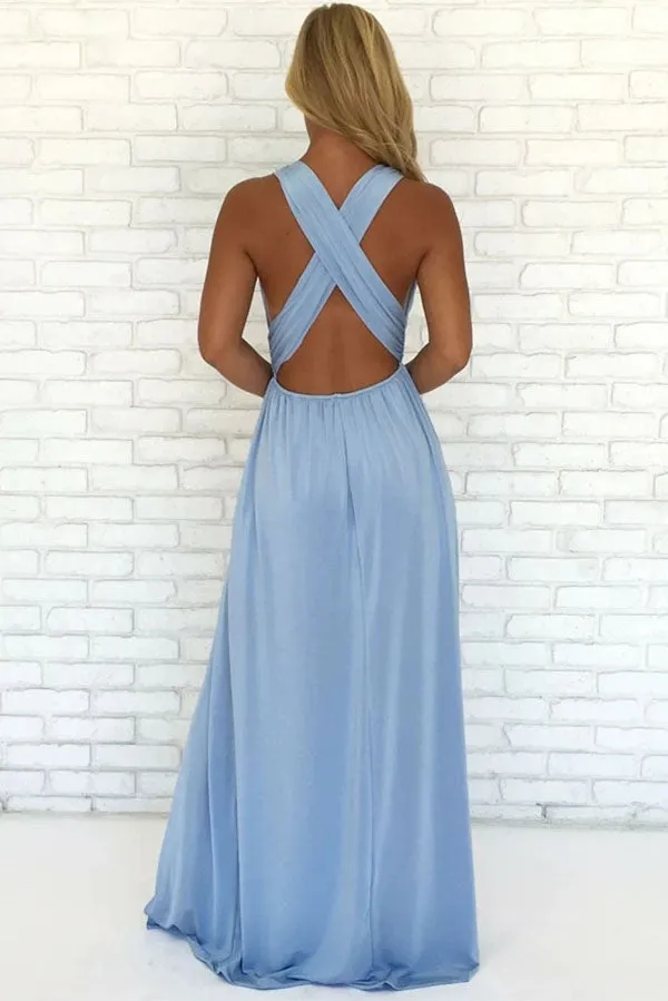 Sky Blue Chiffon A-Line V-Neck Criss-Cross Straps Prom Dress With Side Slit