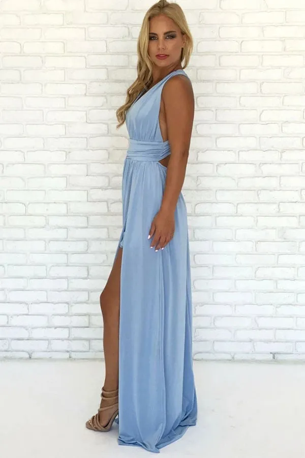 Sky Blue Chiffon A-Line V-Neck Criss-Cross Straps Prom Dress With Side Slit