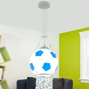 Soccer Glass Pendant Light for Boys Bedroom - Sporty Suspension Lighting with One Head