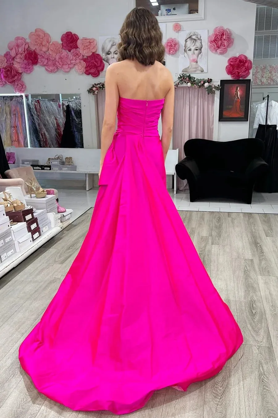 Strapless Ruched Maxi Magenta Prom Dress With Court Train PSK546