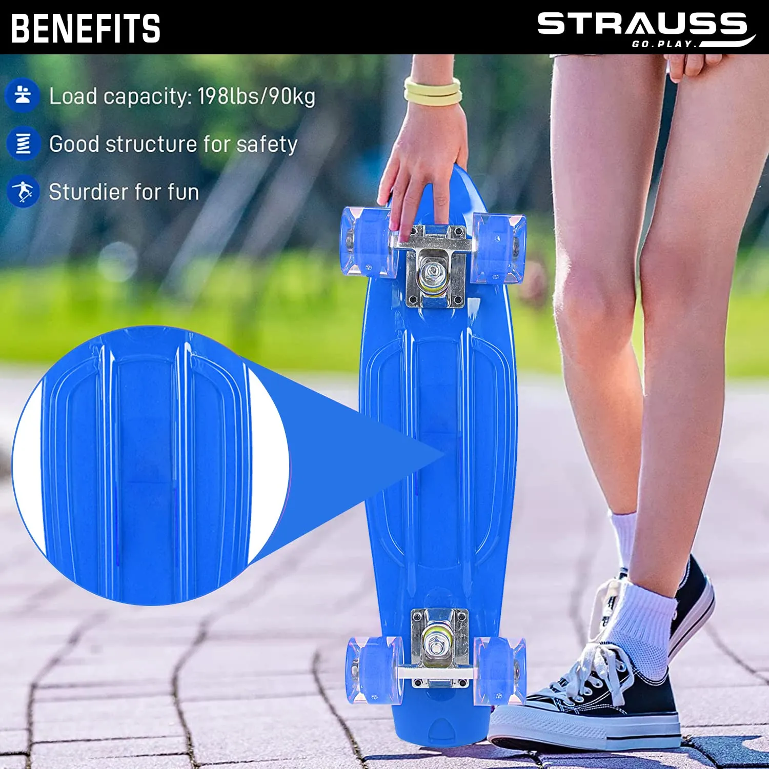 STRAUSS Cruiser PW Skateboard | Penny Skateboard | Casterboard | Hoverboard | Anti-Skid Board with ABEC-7 High Precision Bearings | Ideal for All Above 8 Years | 22 X 6 Inch,(Blue)