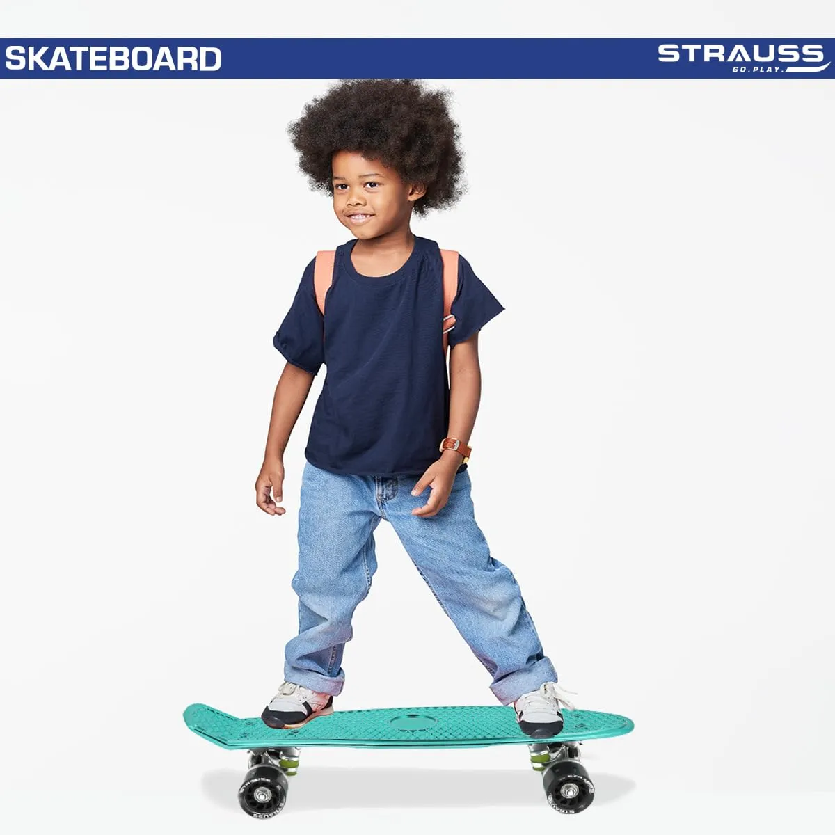 STRAUSS Fibreglass Cruiser Skateboard | Penny Skateboard | Casterboard | Hoverboard | Anti-Skid Board With High Precision Bearings | Wheel With Lights | Ideal For 8 Years and Above | 22 X 6 Inch, Blue