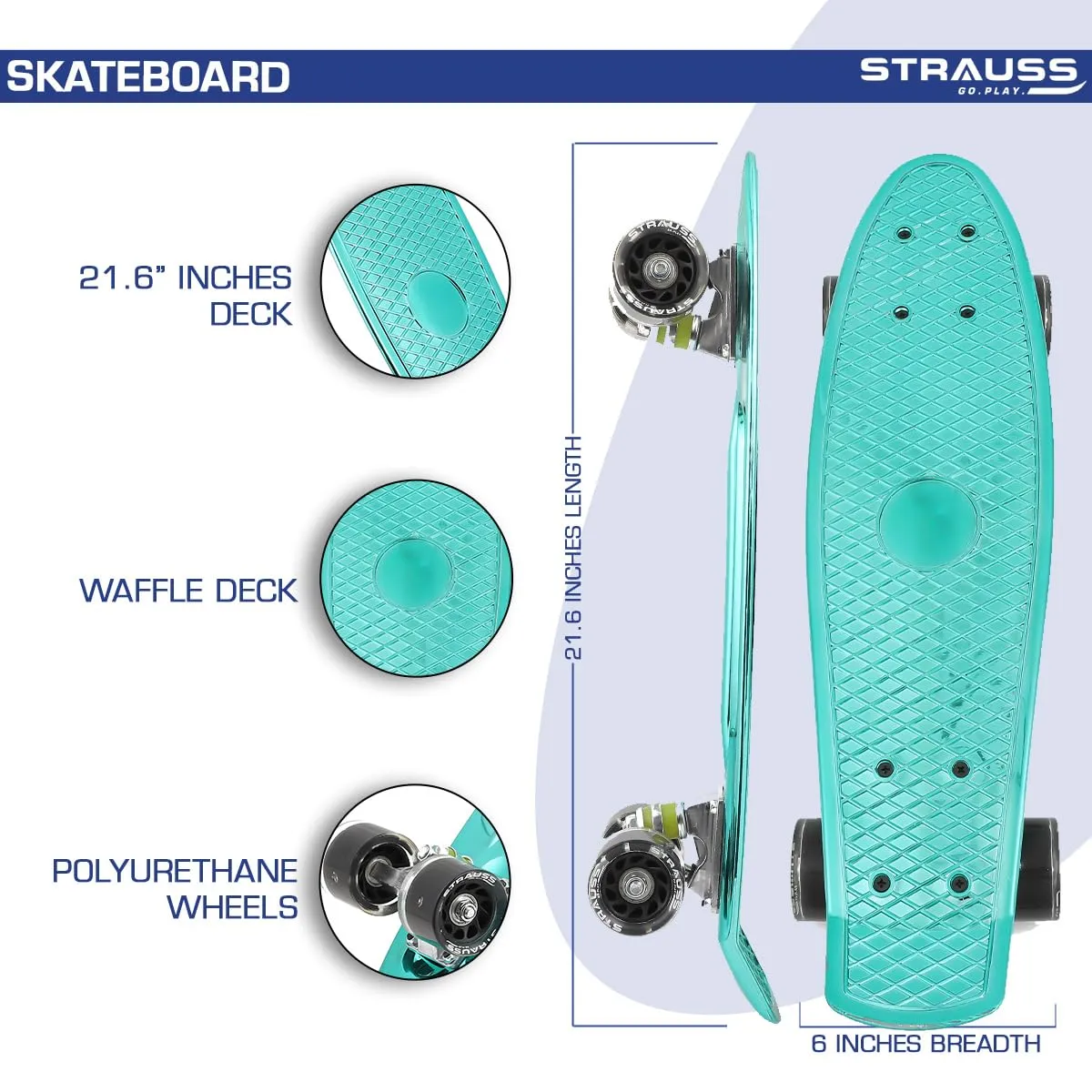 STRAUSS Fibreglass Cruiser Skateboard | Penny Skateboard | Casterboard | Hoverboard | Anti-Skid Board With High Precision Bearings | Wheel With Lights | Ideal For 8 Years and Above | 22 X 6 Inch, Blue