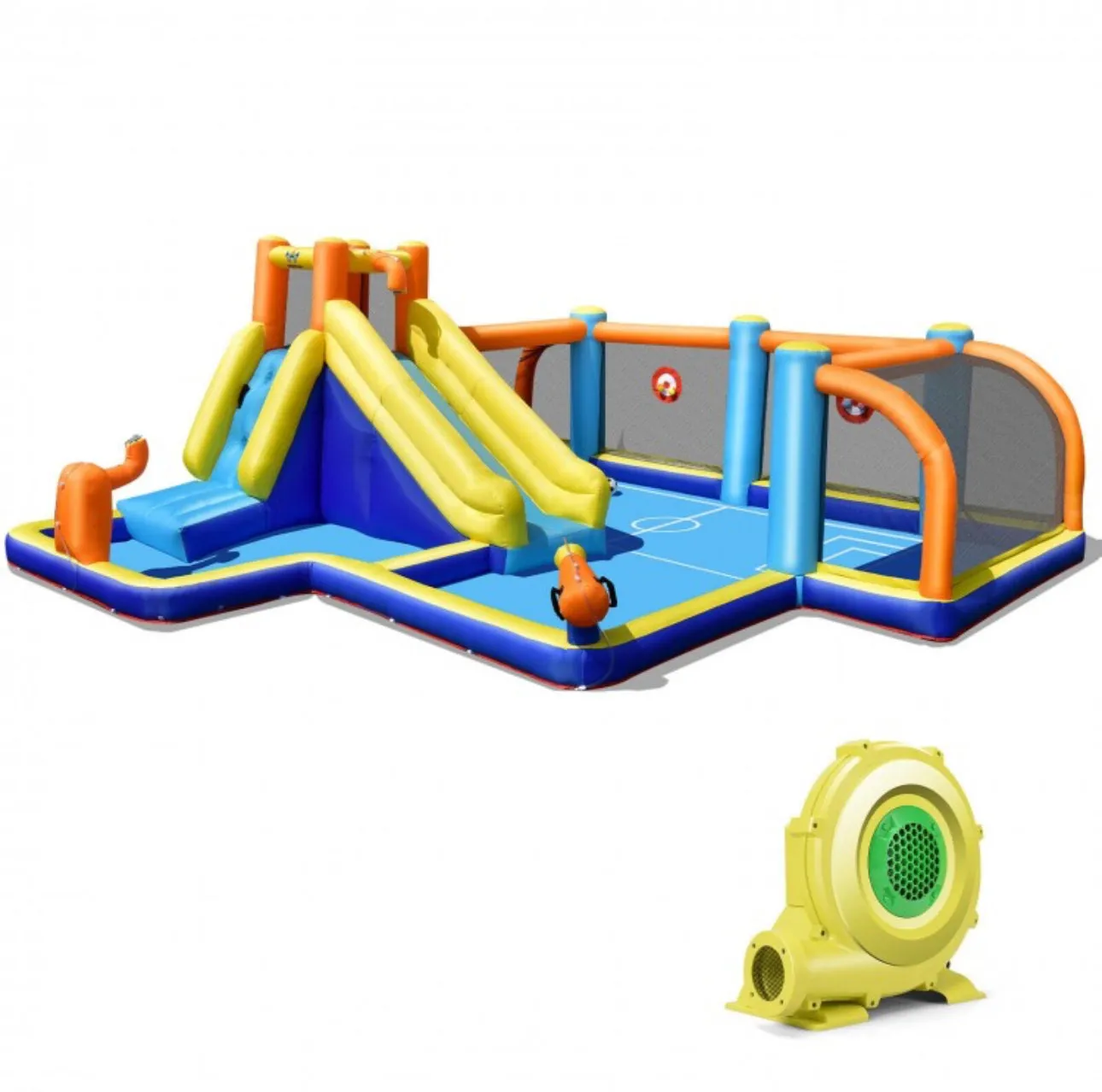 Super Fun Massive Inflatable Soccer Theme Bouncy Park Water Slide,Climbing,735W Blower,Soccer Ball,Carry Bag,Hose,Balls,Repair Kit,Water Cannon,