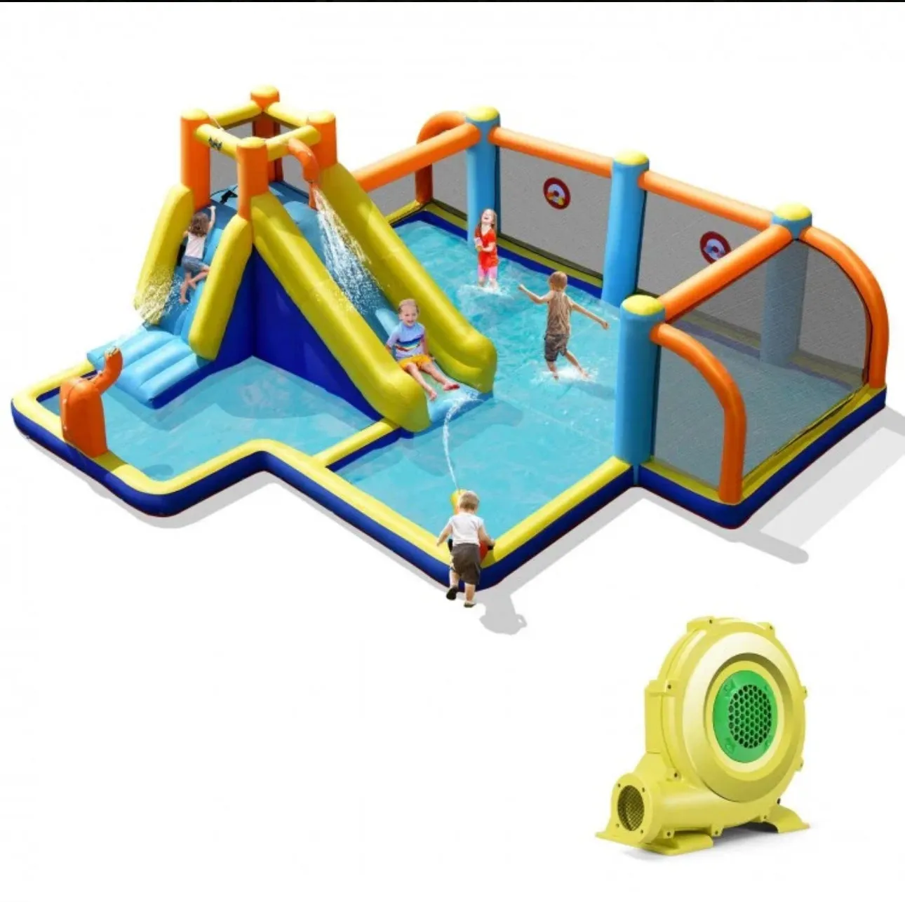 Super Fun Massive Inflatable Soccer Theme Bouncy Park Water Slide,Climbing,735W Blower,Soccer Ball,Carry Bag,Hose,Balls,Repair Kit,Water Cannon,