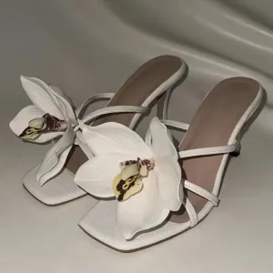 TAVIMART  -  Luxury Design Flower Open-toed Stiletto Roman Sandals Women's 2024 Summer New High-heeled White Sandals