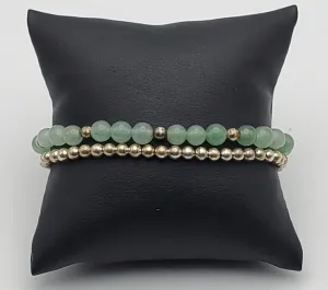 Vintage Jade and Silver Tone Bead Double Strand Bracelet - 7"