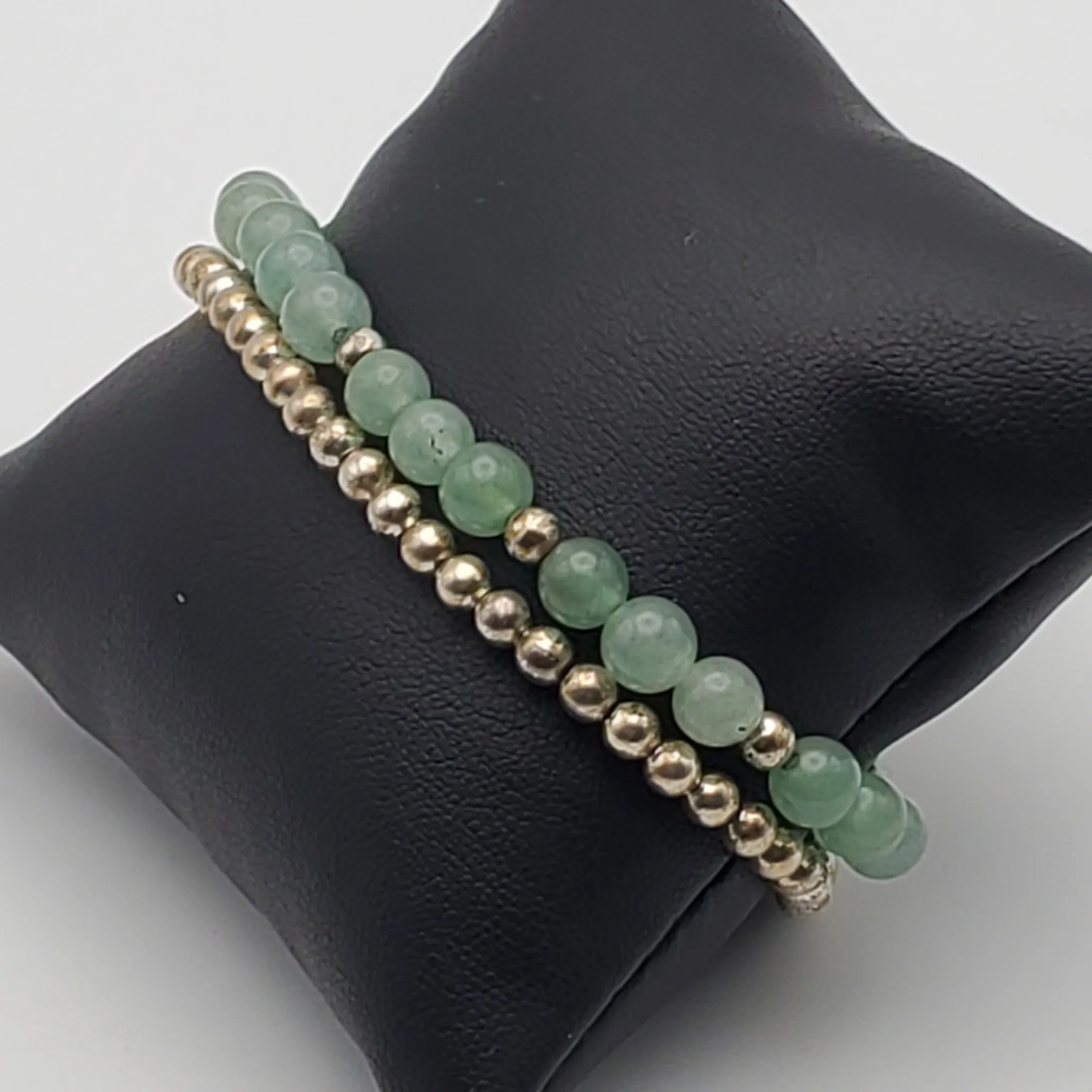 Vintage Jade and Silver Tone Bead Double Strand Bracelet - 7"