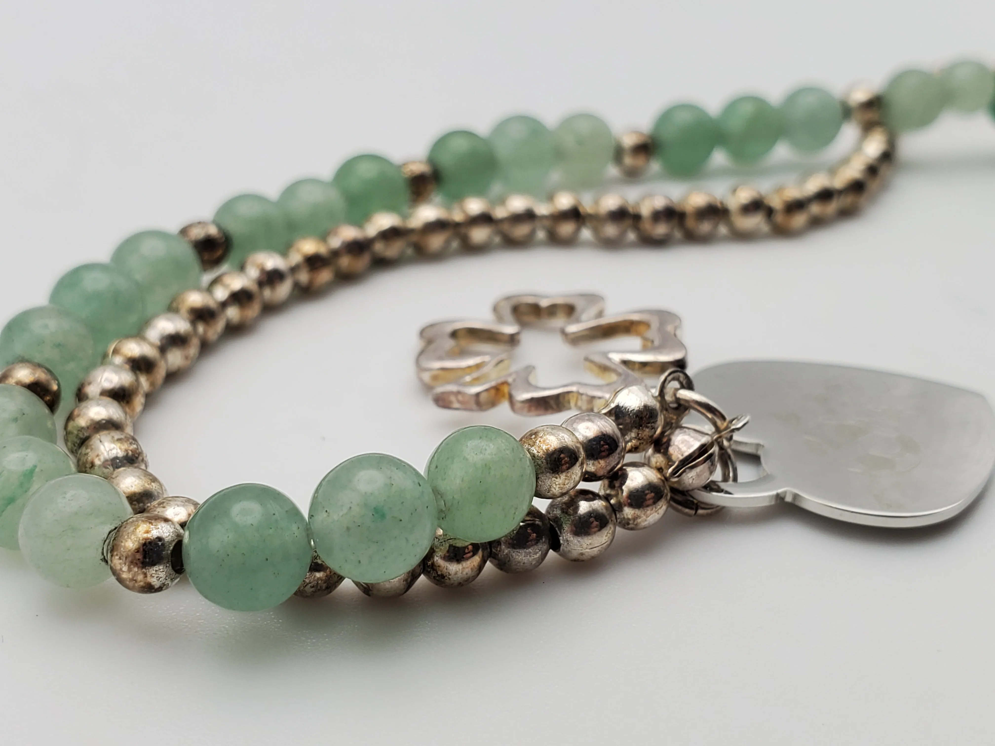 Vintage Jade and Silver Tone Bead Double Strand Bracelet - 7"