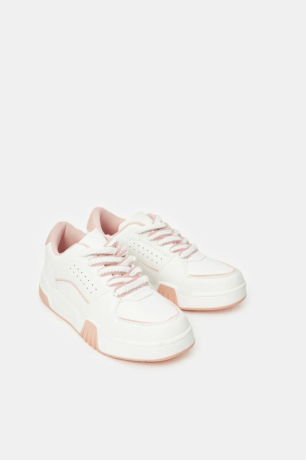 Women White Court Sneakers With Pink Lace