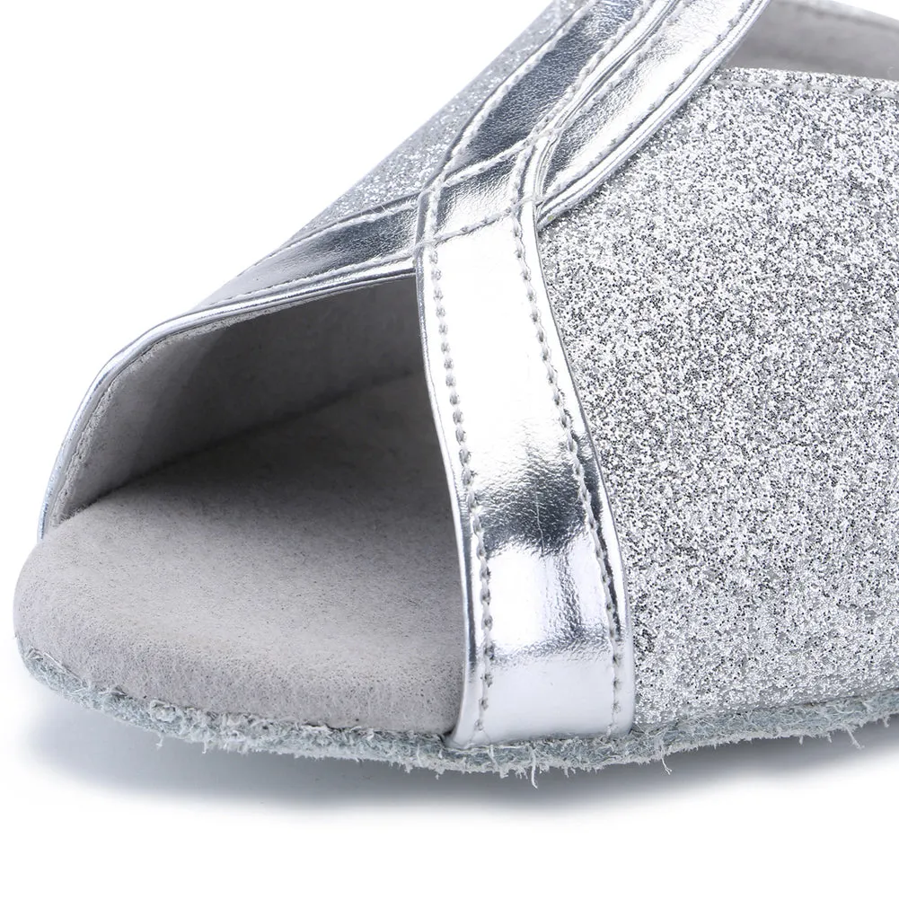 Women's Ballroom Dance Shoes For Chacha Latin Salsa Rumba Dancing Low Heel Silver