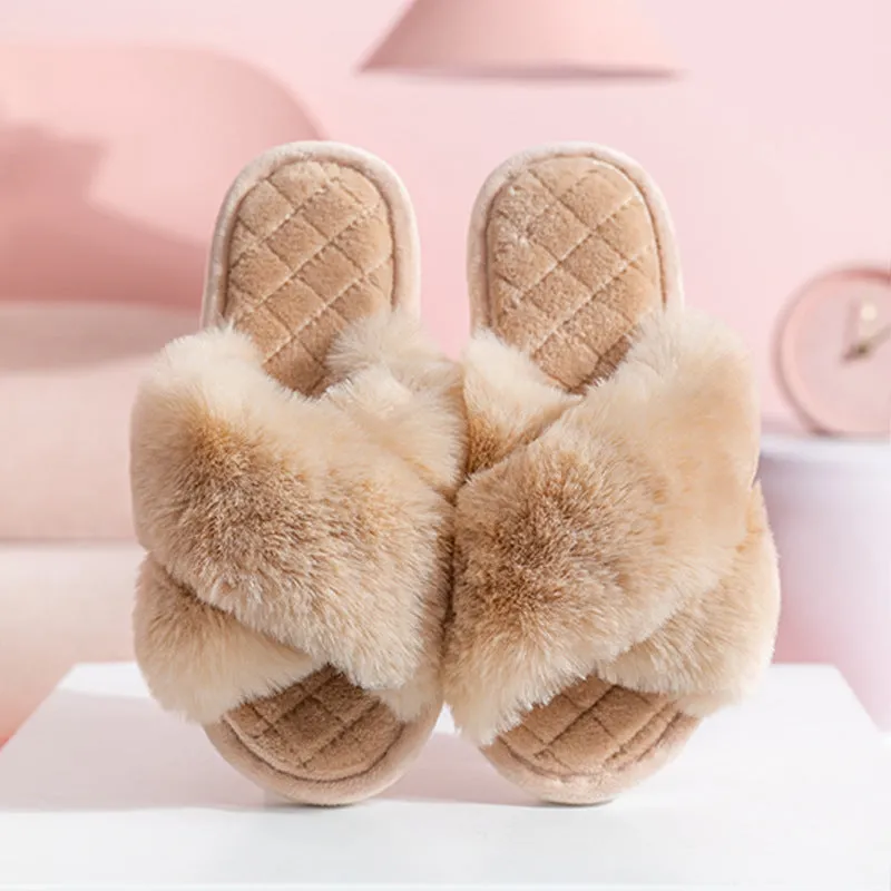 Womens Cross Band Fuzzy Slippers Ladies Comfy Open Toe House Slide Slippers