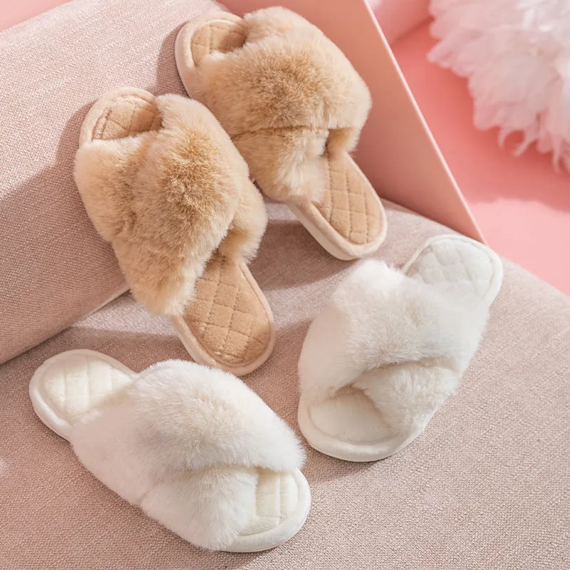 Womens Cross Band Fuzzy Slippers Ladies Comfy Open Toe House Slide Slippers