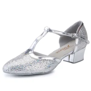 Women's Pumps Ballroom Dance Shoes Suede Sole Closed-toe Party Wedding Footwears Silver Glitter