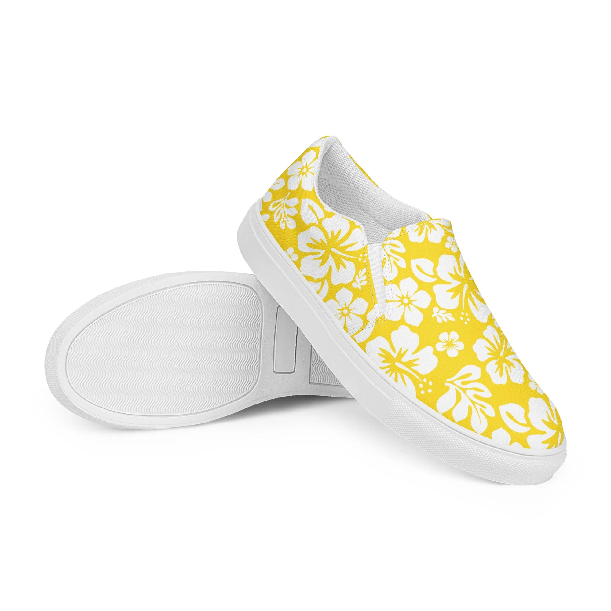 Yellow and White Hawaiian Flowers Women's Slip On Canvas Shoes